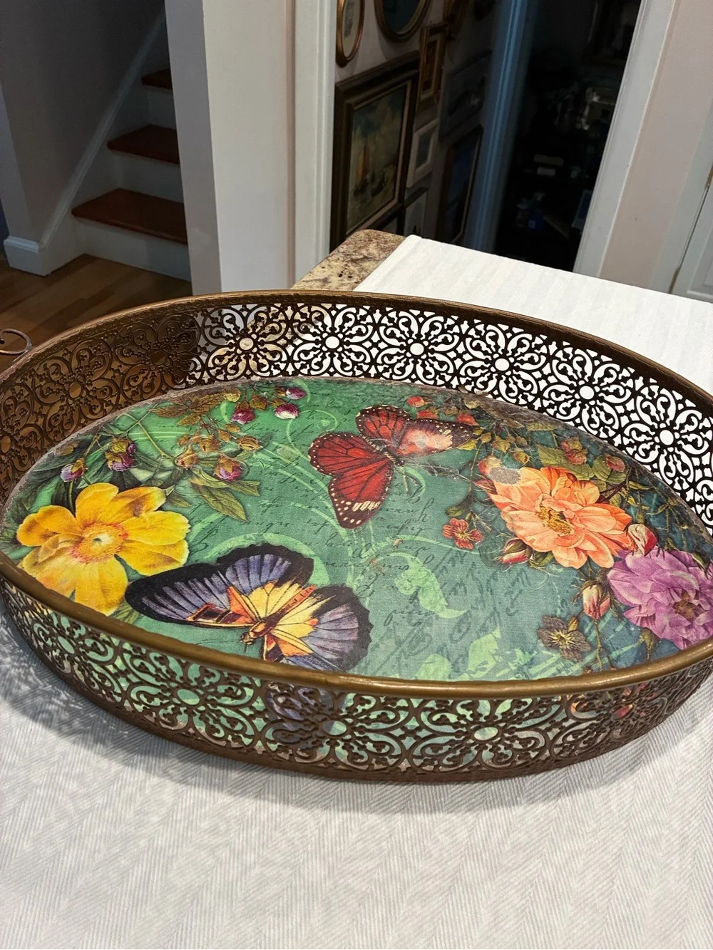 Pier 1 Imports Green Butterfly and Floral Metal Serving Tray